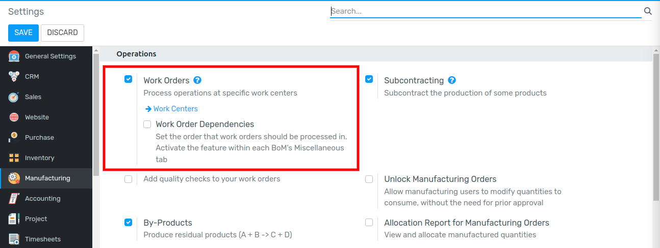 Work order settings ticked in Flectra Manufacturing.