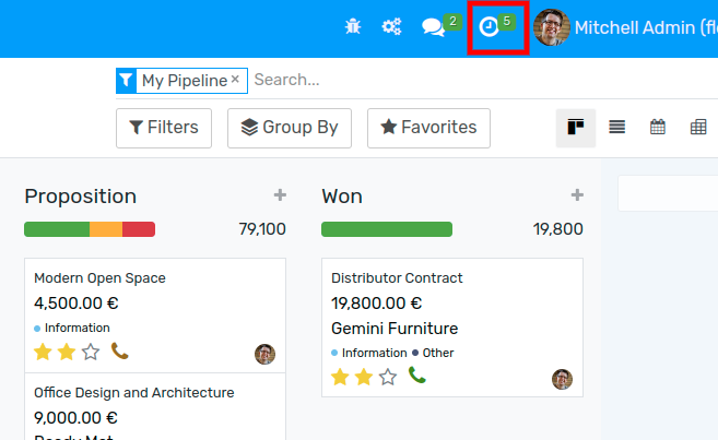 View of crm leads page emphasizing the activities menu for Flectra Discuss