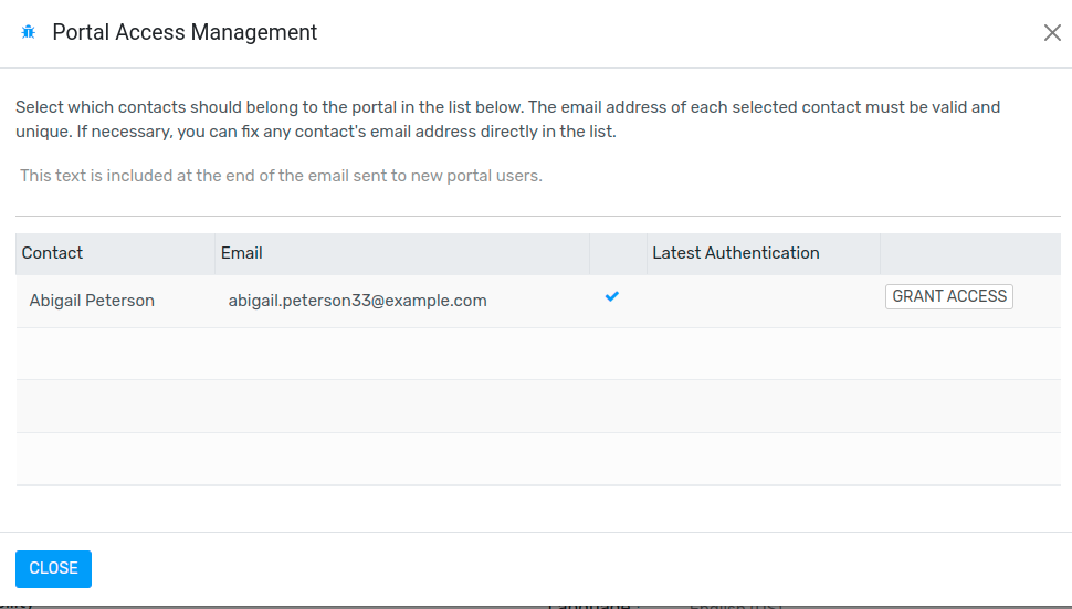 An email address and corresponding checkbox for the contact need to be filled in before sending a portal invitation.