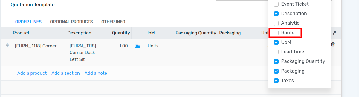 View of the menu allowing to add new lines to sales orders.