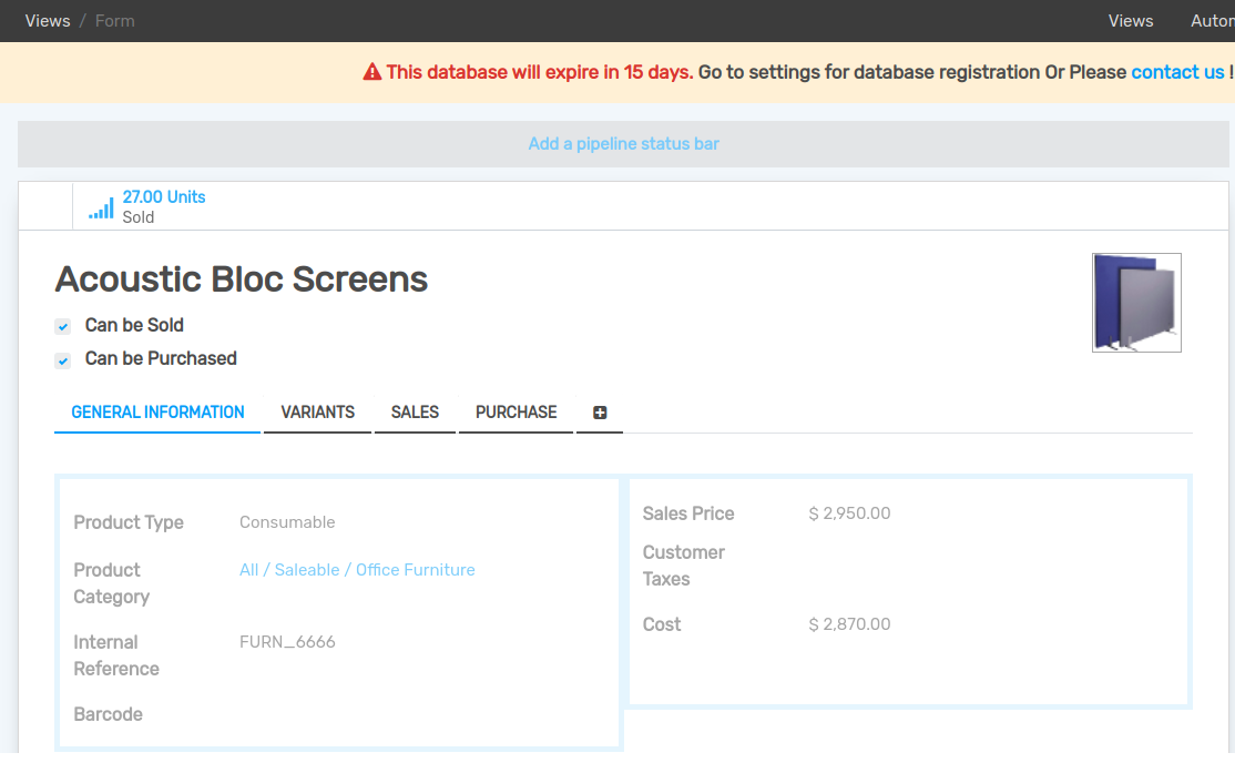 Form view emphasizing the button add a pipeline bar in Flectra Studio