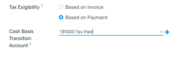 Fill in the Cash Basis Transition Account where taxes amounts go until payment reconciliation.