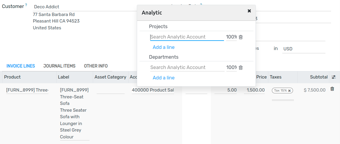 add analytic accounts in a new invoice or bill.