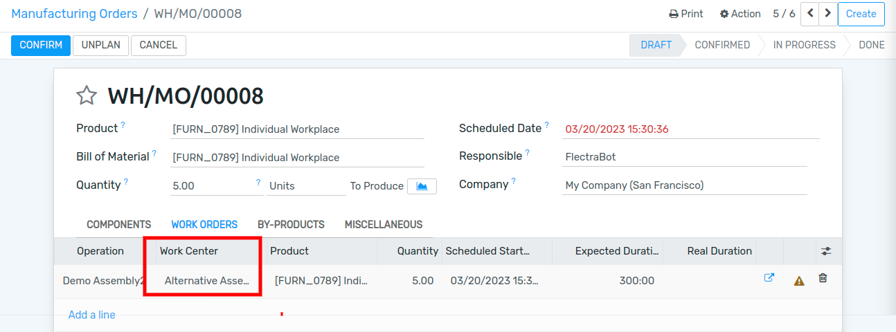 The alternative work center is automatically selected.