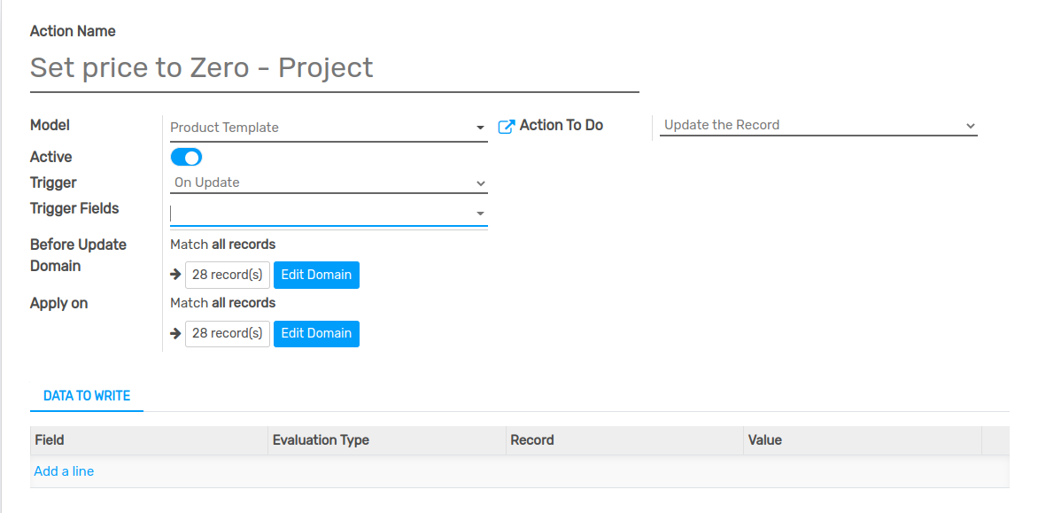 View of the automated action created to set the price of a product to zero in Flectra Studio