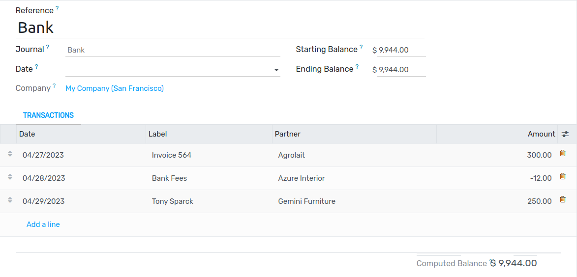 Register bank statements manually in Flectra Accounting
