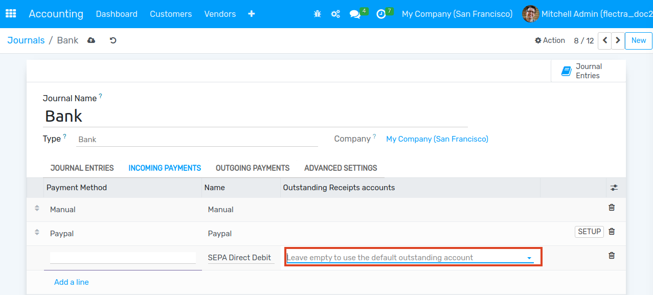 A bank journal in the "Incoming Payments Tab".