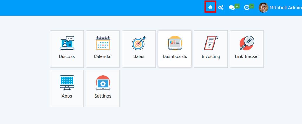 Overview of a console page and the debug icon being shown in Flectra.