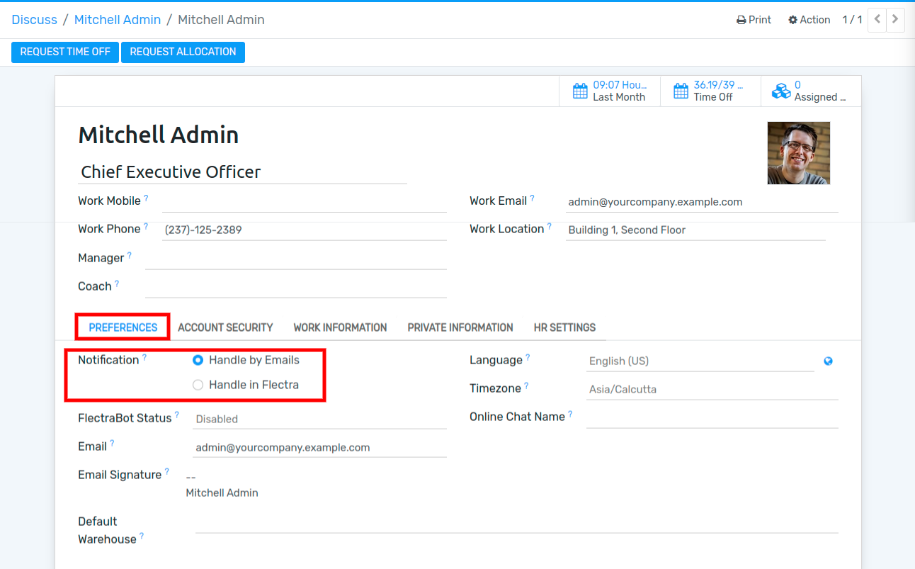 View of the preferences page for Flectra Discuss