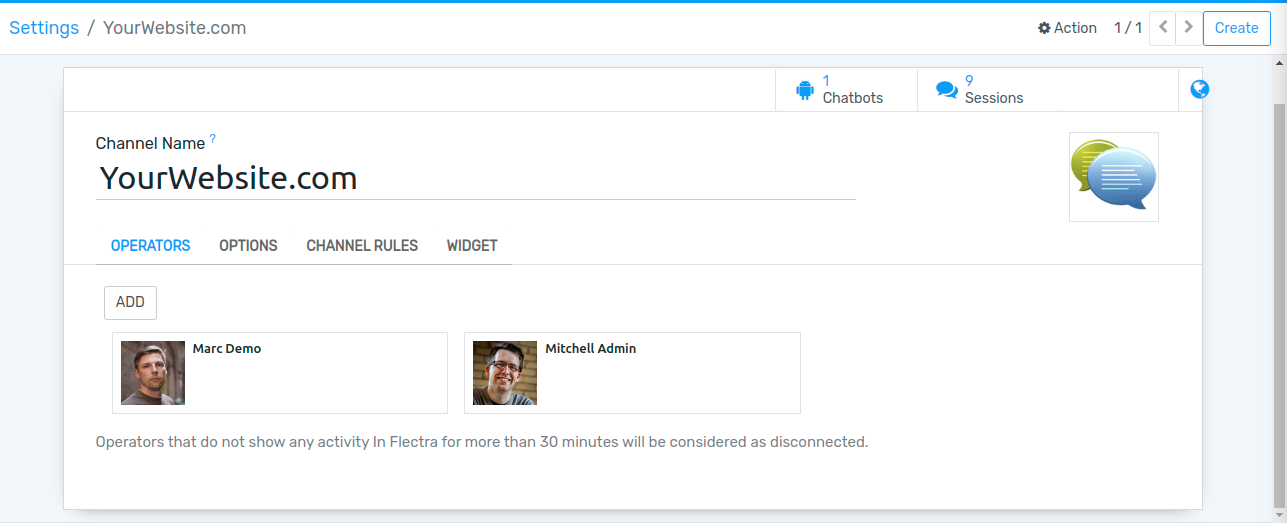 View of a live chat channel form for Flectra Live Chat