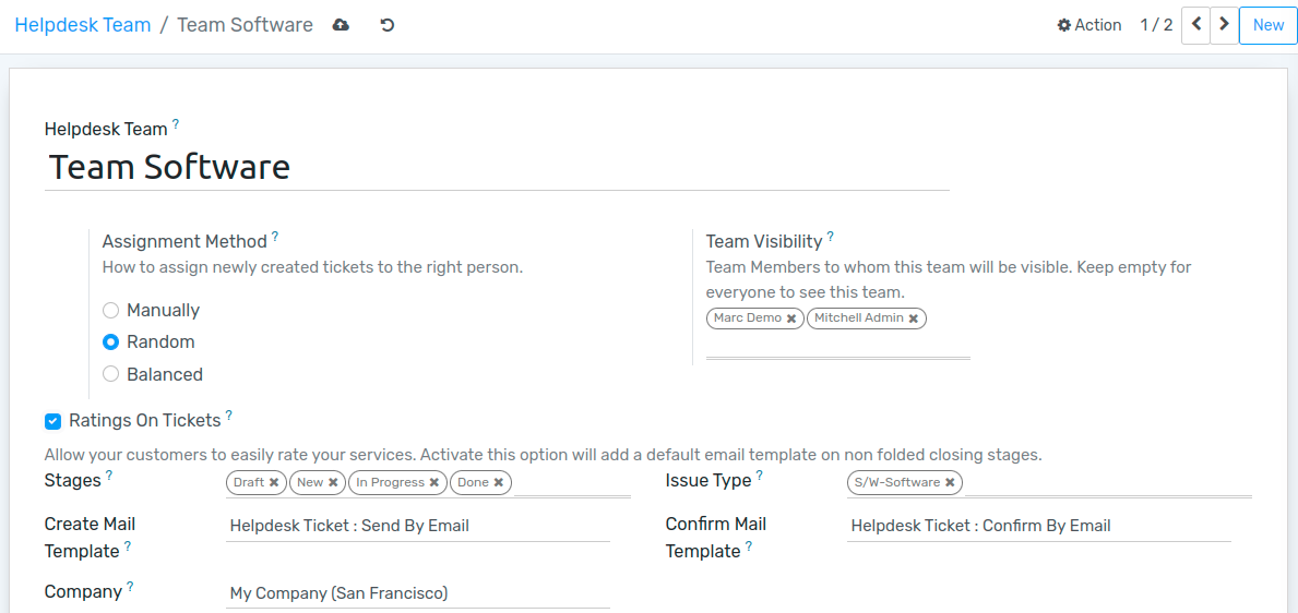 View of a helpdesk teams setting page emphasizing the channels options in Flectra Helpdesk