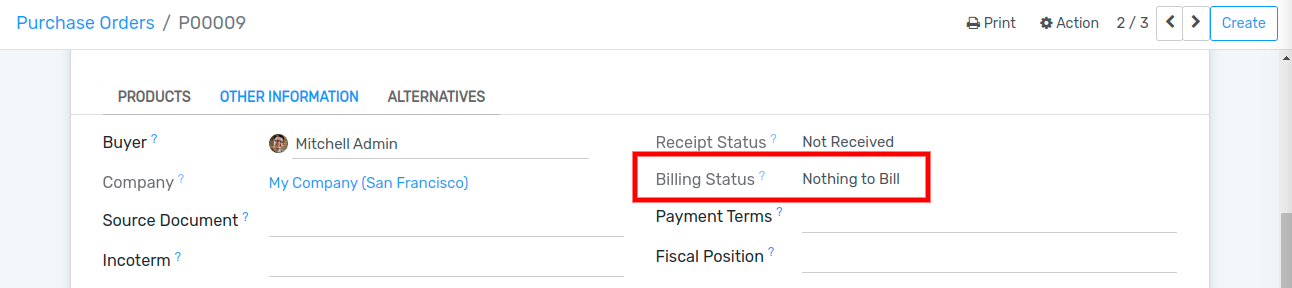Purchase order billing status in Flectra Purchase