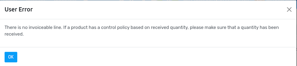 No invoiceable line error message in Flectra Purchase