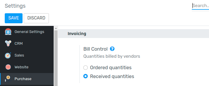 Vendor bills default control setting for new products in Flectra Purchase