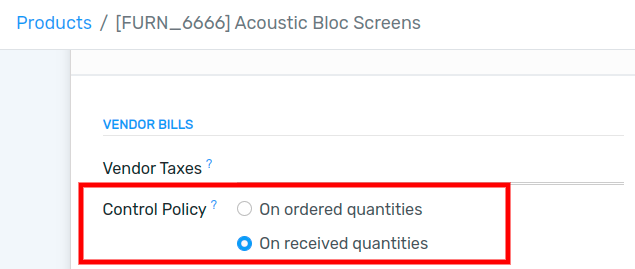 Vendor bills default control setting for new products in Flectra Purchase