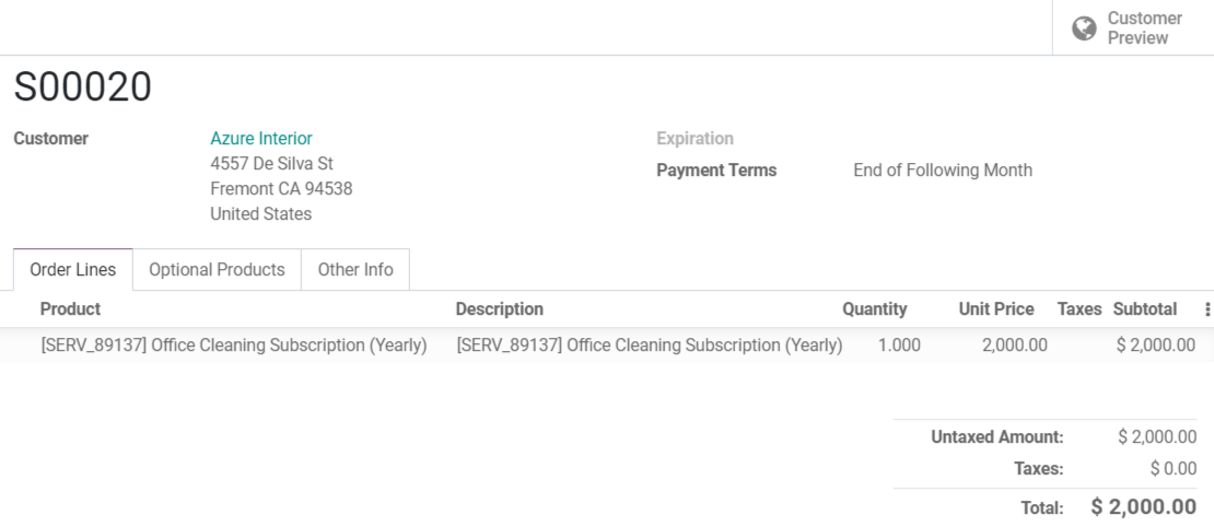 View of a quotation form in Flectra Sales