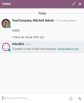 View of the chat window with a helpdesk ticket created in Flectra Live Chat
