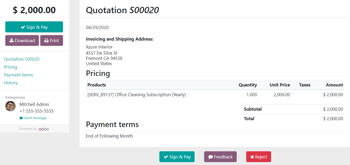 Customer preview of a quotation form in Flectra Sales