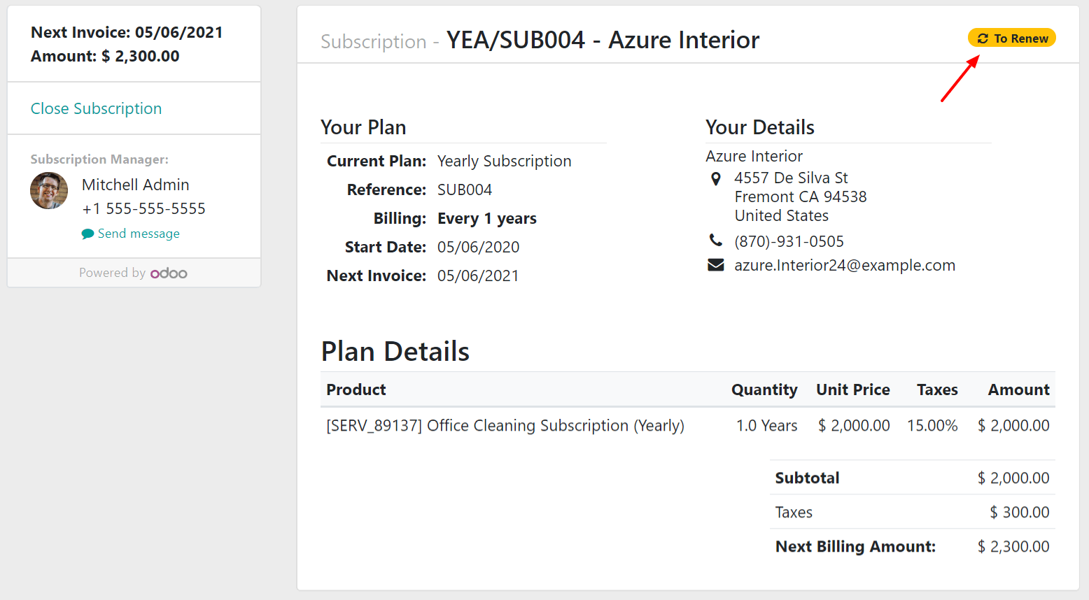 Customer preview of a renewal with Flectra Subscriptions