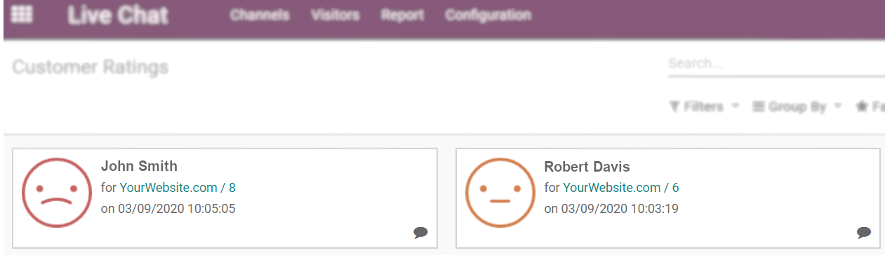 View of the customer ratings page in Flectra Live Chat
