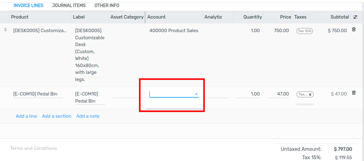 Selection of a Deferred Revenue Account on a draft invoice in Flectra Accounting