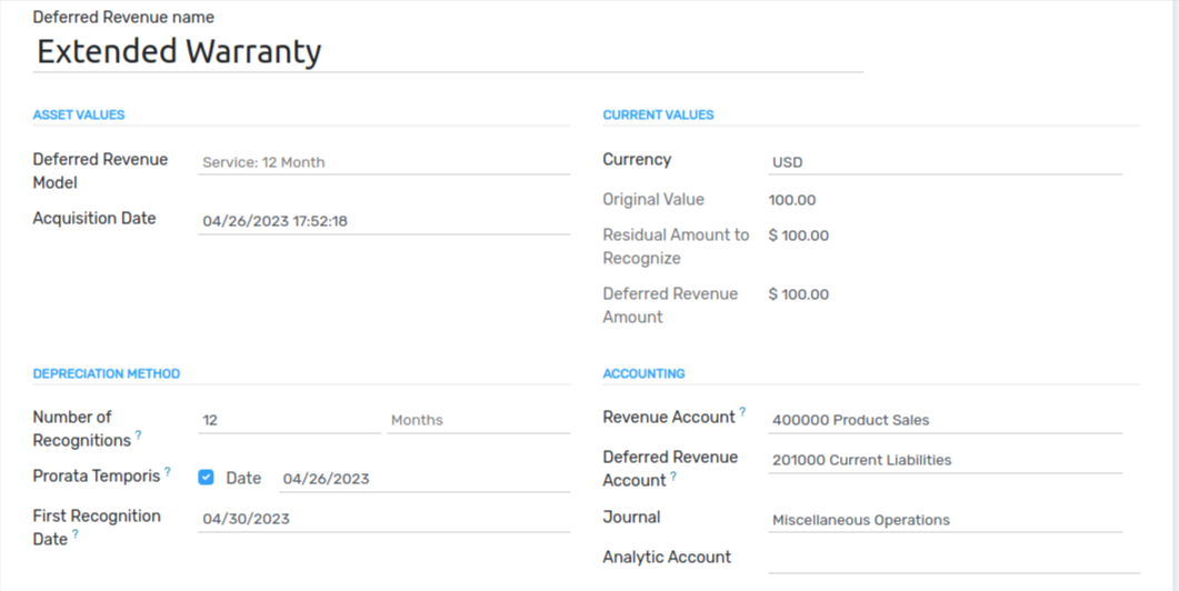 Deferred Revenue entry in Flectra Accounting