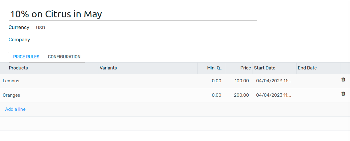 View of a time-limited pricelist for two products