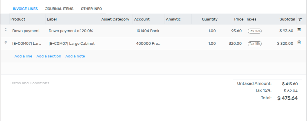 What is a basic sales flow using down payments on Flectra Sales (3)?