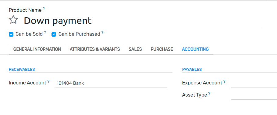 How to modify the income account link to down payments
