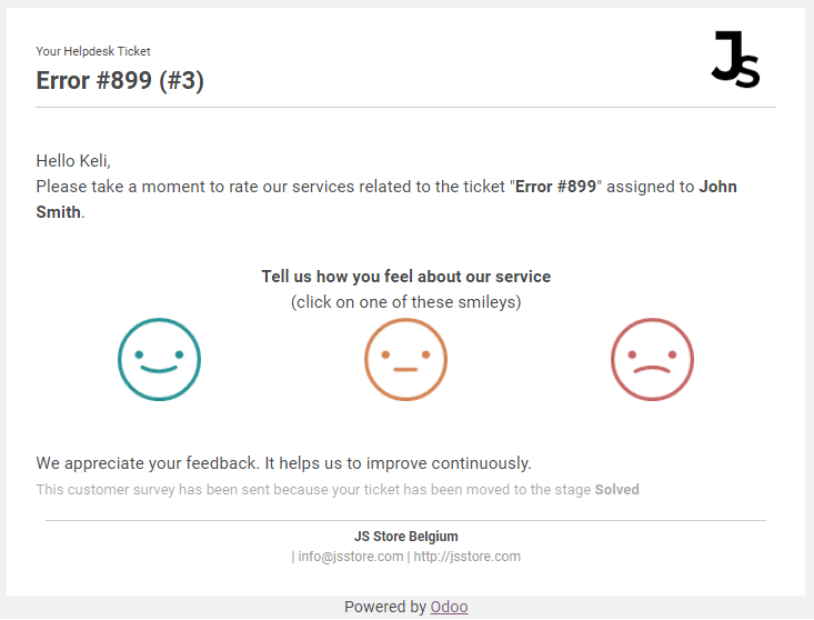View of a standard helpdesk customer review email template for Flectra Helpdesk