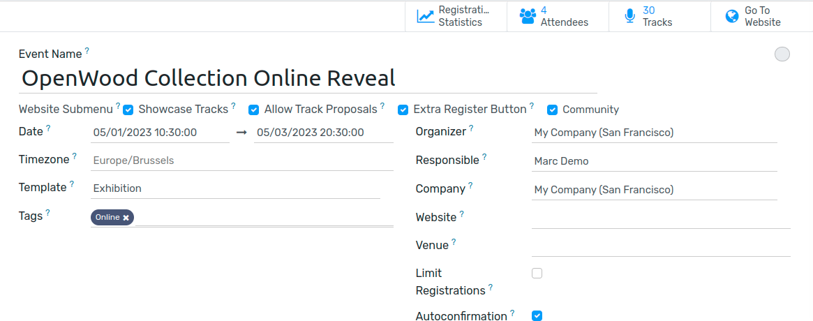 Overview of events with the kanban view in Flectra Events.
