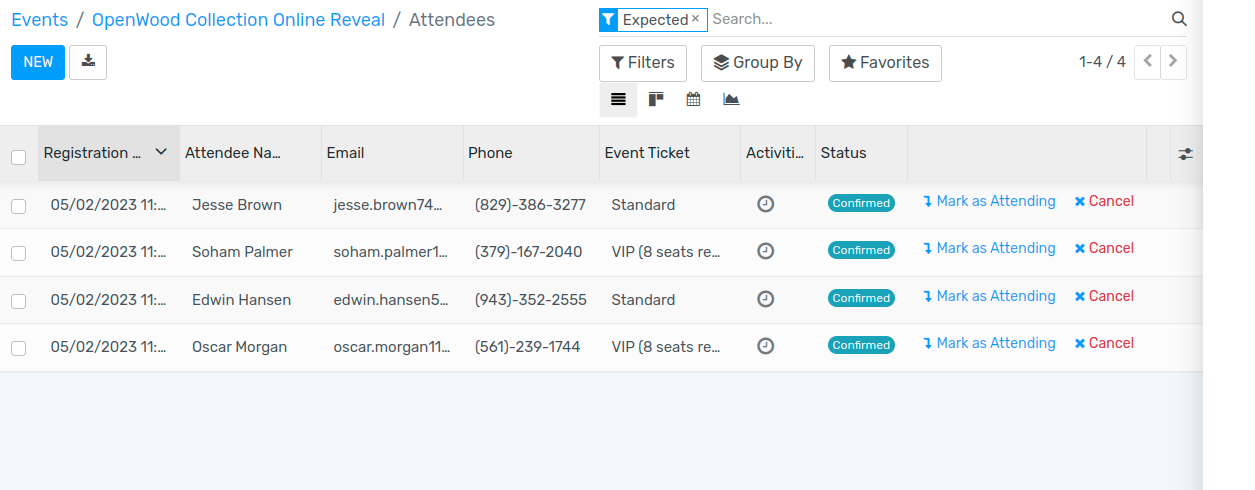 Various view options on the attendees list page.