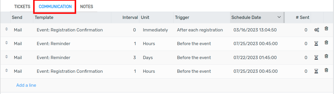 View of the communication tab in Flectra Events.