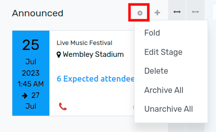 Overview of events setting with the kanban view in Flectra Events.