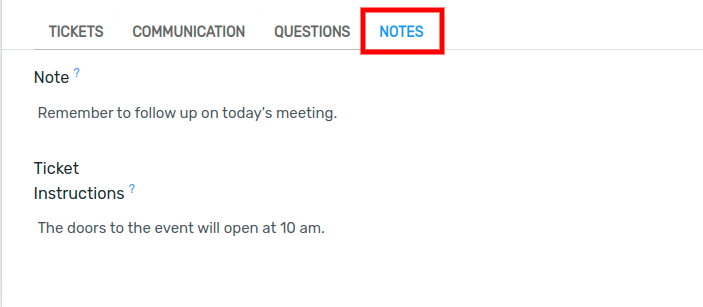View of the Notes tab in Flectra Events.