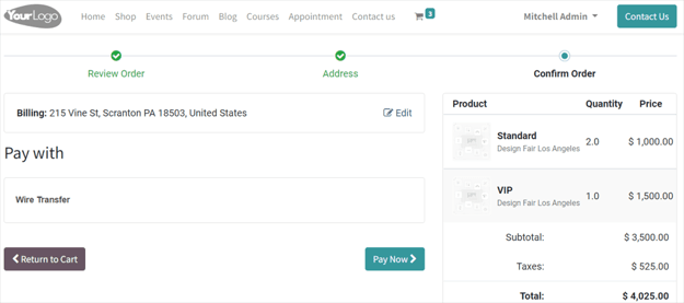 View of website transaction for Flectra Events.