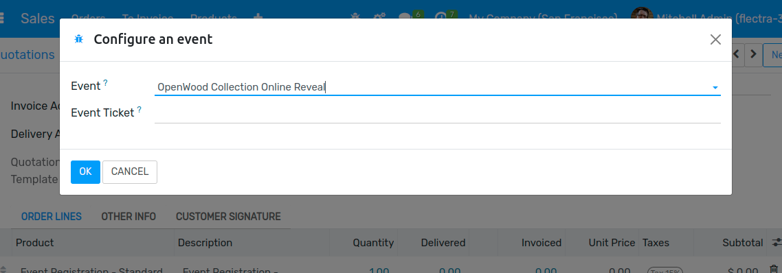 View of a sales order and option to choose the specific event in Flectra Events.