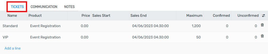 View of the ticket tab in Flectra Events.