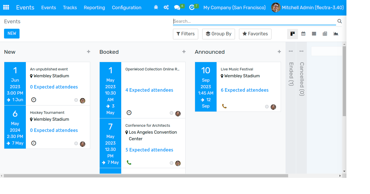 View of the talks' proposals page emphasizing the column proposal in Flectra Events.