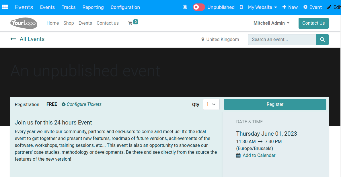 View of the website page to publish a proposed talk for Flectra Events.