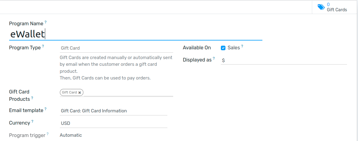 eWallet program configuration page