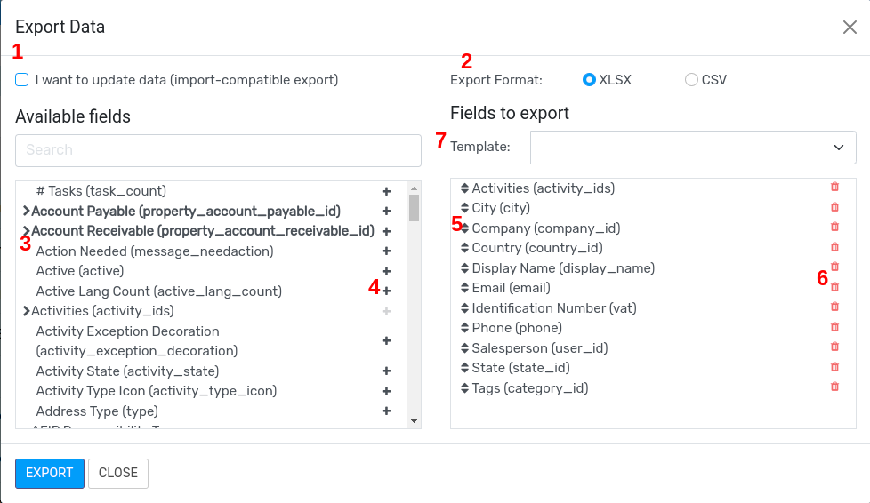 overview of all the options to take into account when exporting data in Flectra