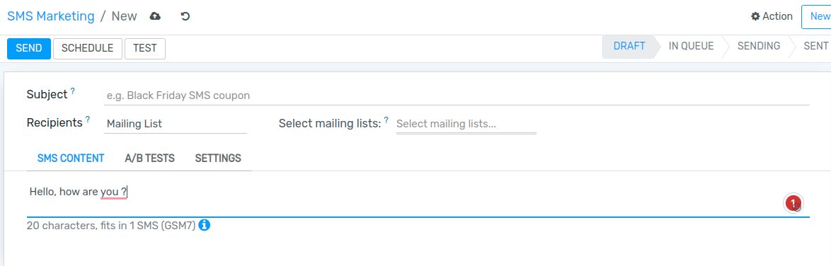 Number of GSM7 characters that fit in an SMS message in Flectra SMS Marketing.
