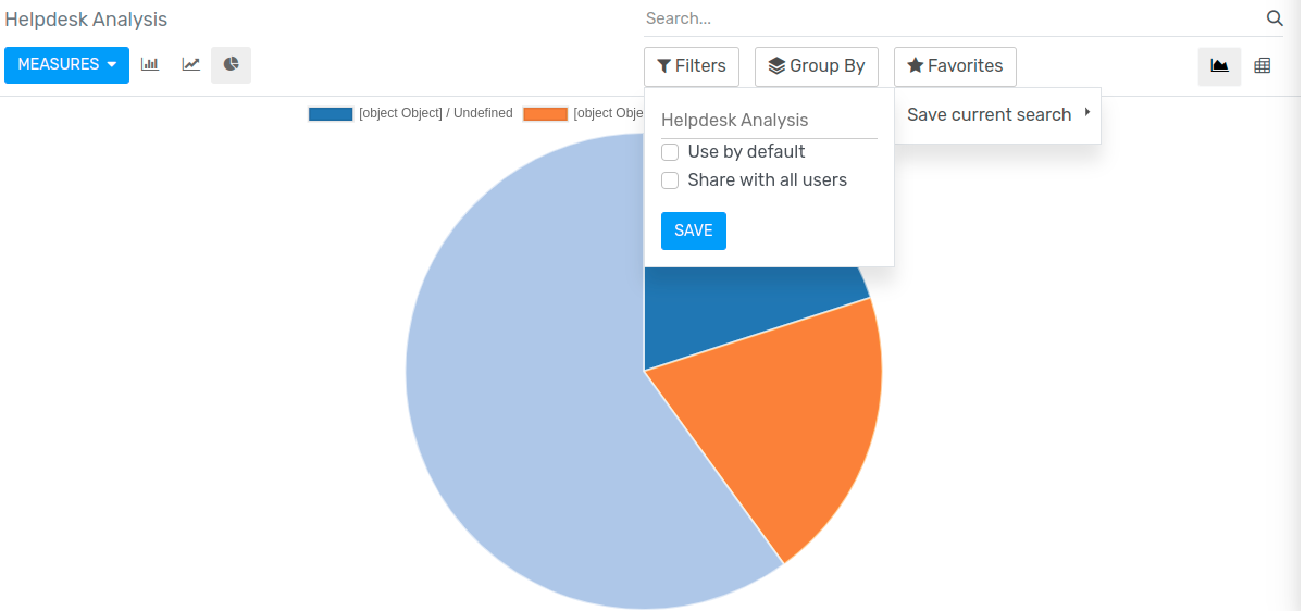 View of helpdesk ticket analysis emphasizing the option to add a filter as a favorite one in Flectra Helpdesk