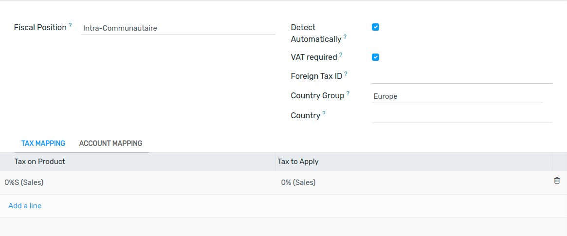 Example: Belgian to Intra-Community tax mapping with Fiscal Positions in Flectra Accounting