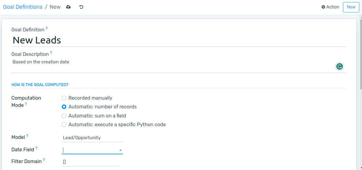 View of the goal definition form and a goal definition being created for Flectra Sales