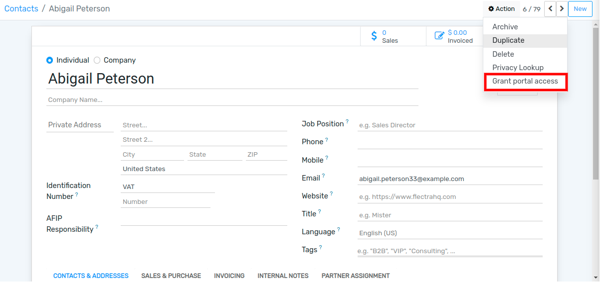 Use the Contacts application to give portal access to users