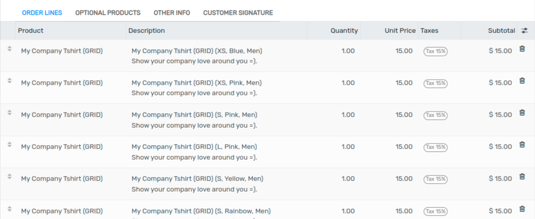 Line items for grid variants.
