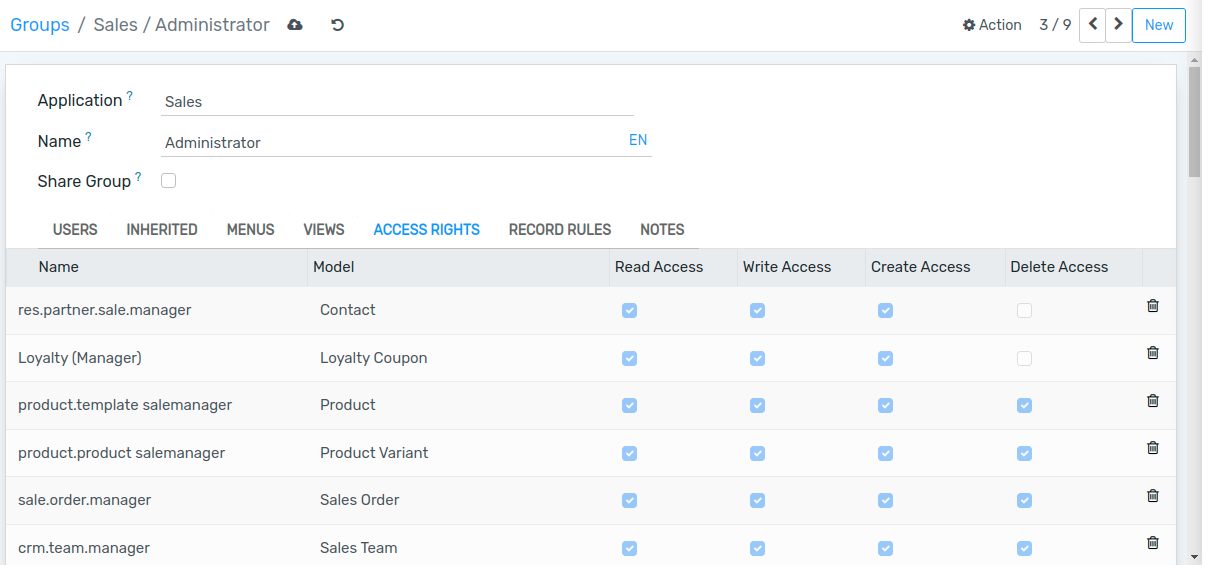 View of a group’s form emphasizing the tab access rights in Flectra