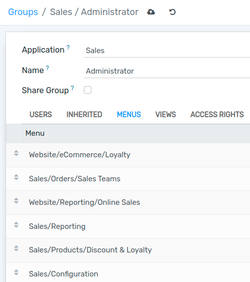 View of a group’s form emphasizing the tab menus in Flectra